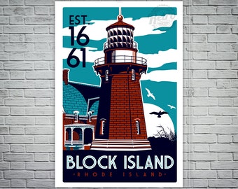 Block Island  Light House Retro Vintage  Screen Print poster Rhode Island