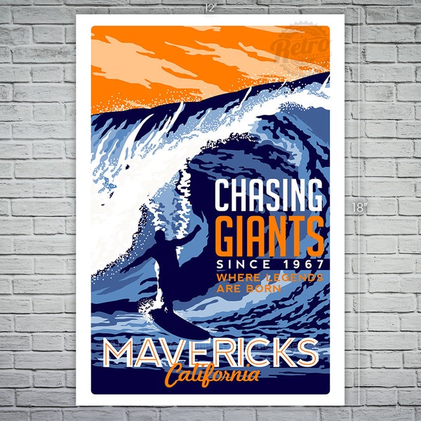 Surfing Travel poster Mavericks california vintage retro Screen Print poster