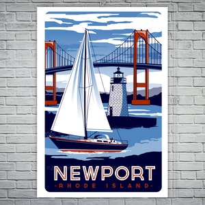 Newport Rhode Island Sailboat Lighthouse Vintage nautical Screen print poster