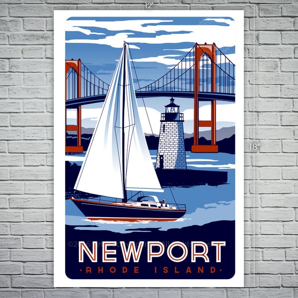 Newport Rhode Island Sailboat Lighthouse Vintage nautical Screen print poster