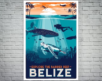 Affiche sérigraphiée Barrière de corail, île tropicale sous-marine du Belize