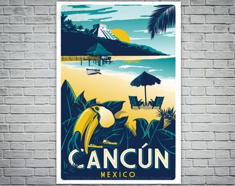 Cancun, Mexique, sérigraphie, affiche de voyage rétro vintage