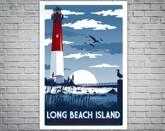 Long Beach Island New Jersey Barnegat Lighthouse  Retro Vintage beach Screen Print poster