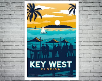 Affiche de voyage vintage Key West Sunset Pier Screen Print