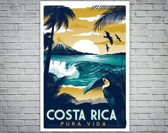 Poster de voyage rétro vintage sérigraphié Costa Rica