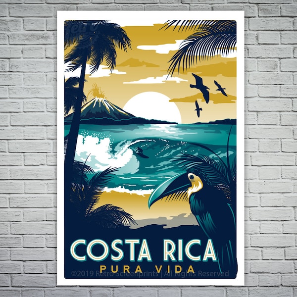 Costa Rica Screen print Retro Vintage Travel Poster