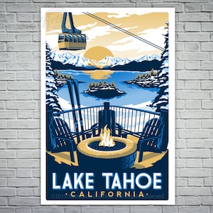 Lake Tahoe Firepit Vintage Travel Poster
