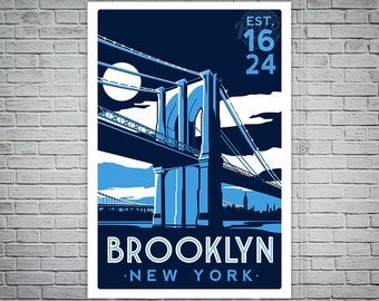 May include: A blue and white illustration of the Brooklyn Bridge with the text "BROOKLYN NEW YORK" and "EST. 1624" in a circle. The image is 45.7 cm tall and 30.5 cm wide.