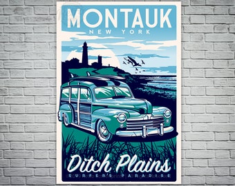Montauk Ditch Plains Retro Vintage Surf Poster