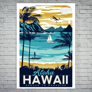 Hawaii Screen print Retro Vintage Travel Poster Surf Palm Trees
