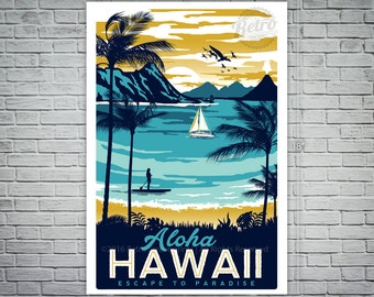 Hawaii Screen print Retro Vintage Travel Poster Surf Palm Trees
