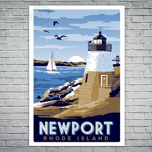 Newport Rhode Island Screen print Sailboat Lighthouse Vintage nautical  poster