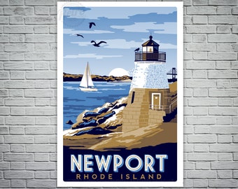 Affiche nautique vintage de phare de voilier de sérigraphie de Newport Rhode Island