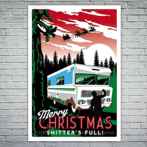 May include: A retro-style Christmas card featuring a white RV with a blue stripe driving through a snowy forest. The text "Merry Christmas" is in red neon letters with a copyright notice at the bottom.