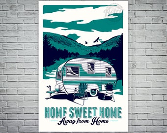 vintage rv retro camping screen print poster trailer camper summer - etsy