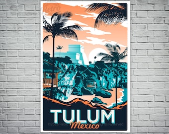 Poster di viaggio vintage retrò di Tulum, Messico.