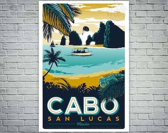 Affiche de voyage sérigraphiée Cabo San Lucas vintage rétro