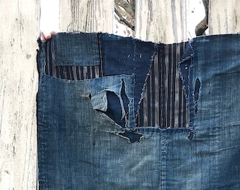Vintage Japanese BORO Quilt, Indigo Kimono Fabric, Mended Textile