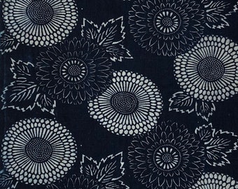 Antique Folk Textile Japanese KATAZOME Fabric. Hand-stenciled Indigo. Resist Dyed Hand-spun Cotton Boro Remnant, Chrysanthemum Floral Motif