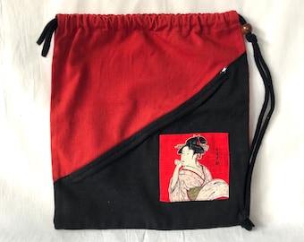 Large Red & Black Cotton Canvas Bag with Diagonal Zipper, Drawstring, and Japanese Geisha Woodblock Print