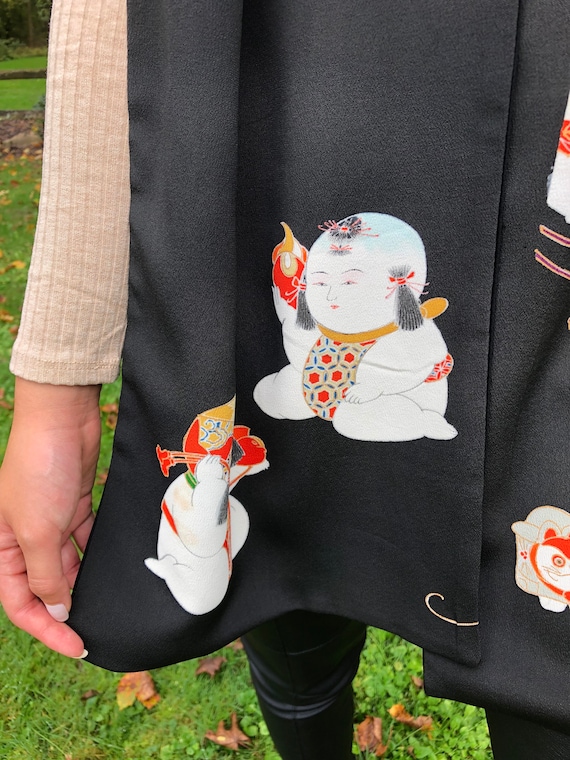 Vintage Japanese Silk Kimono Scarf, Black Crepe, … - image 5