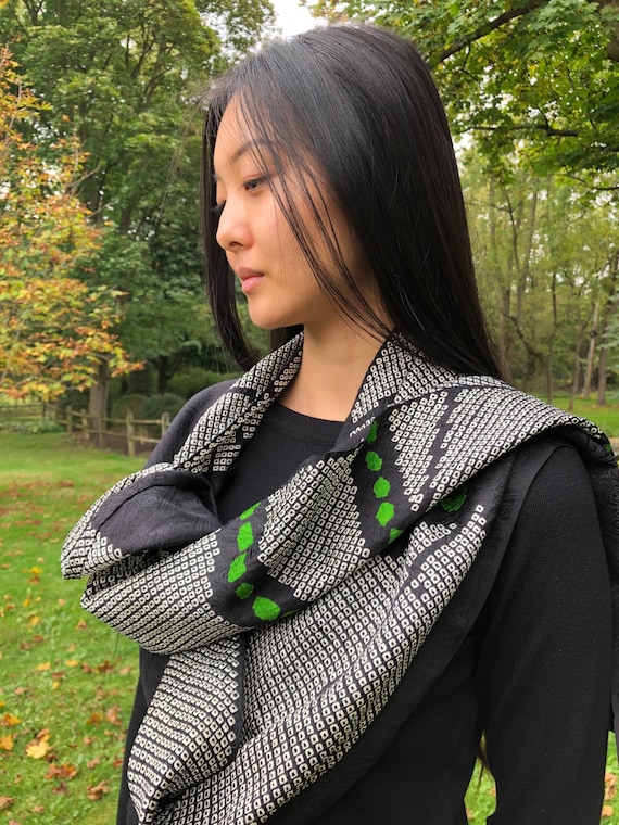 Extra Wide Black and Green Shibori on Jacquard Si… - image 1