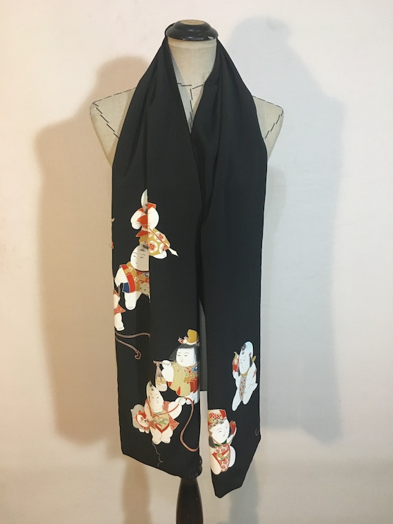 Vintage Japanese Silk Kimono Scarf, Black Crepe, … - image 8