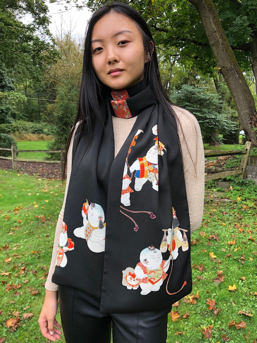 Black Crepe Japanese Vintage Silk Kimono SCARF With KARAKO
