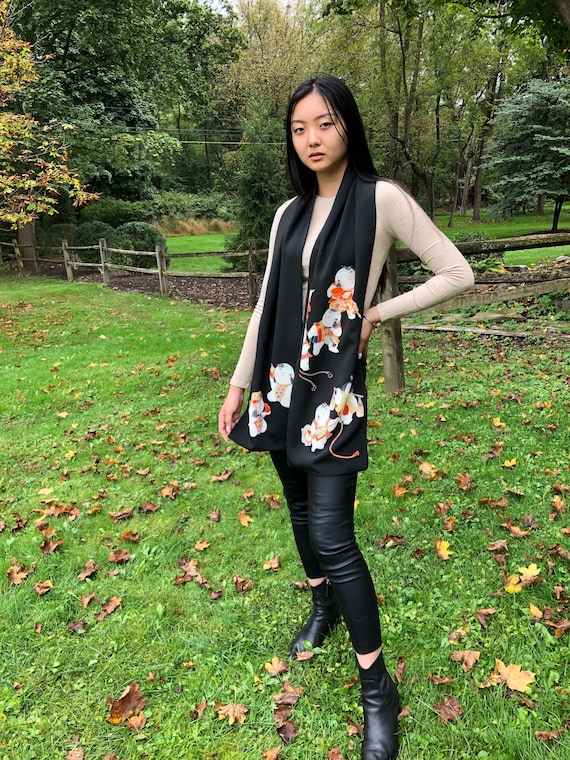 Vintage Japanese Silk Kimono Scarf, Black Crepe, … - image 3