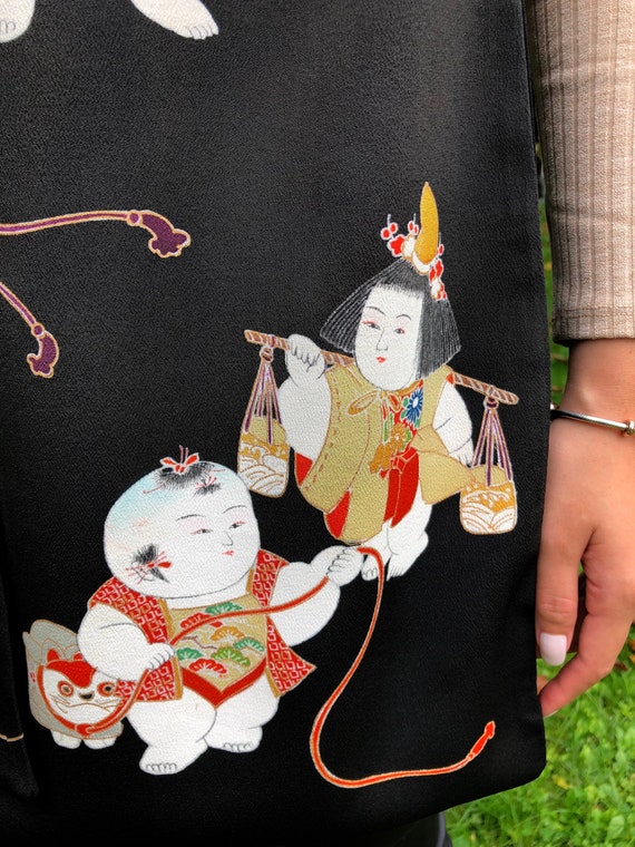 Vintage Japanese Silk Kimono Scarf, Black Crepe, … - image 4