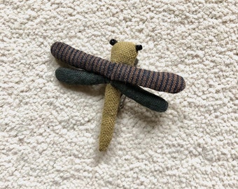 Handmade Jewelry Dragonfly TOMBO Cloth Brooch from Japan, Golden Body with Olive Green and Striped Wings, Bead Eyes, Only One