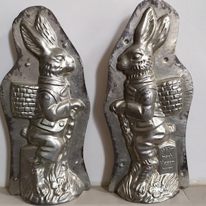 Rare Large Antique Suisse Easter Bunny Rabbit Sitting on  a Milestone Two Part Metal Chocolate Mold with Clips, Collectors Item, Easter Deco