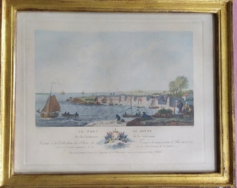 Lithographie française encadrée antique du port de Royan, fin des années 1800, curiosité française, impression française antique, décoration murale antique française