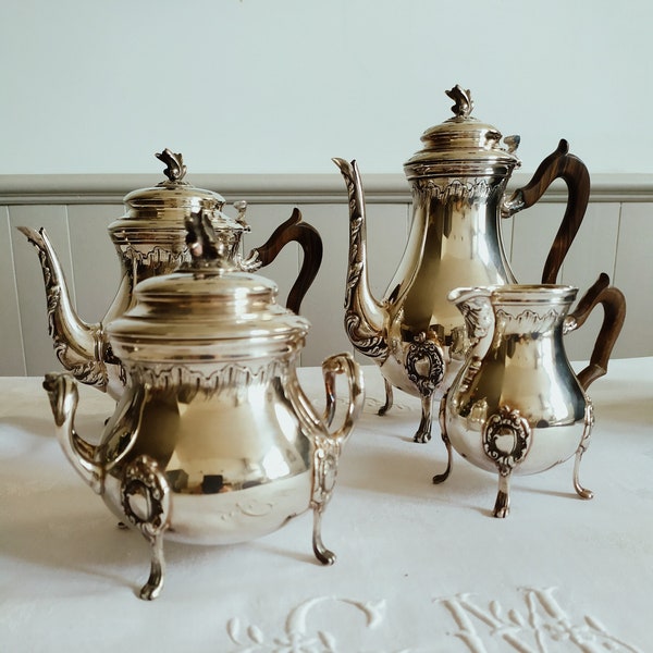 Antique French Louis XV Rocaille Style 4 Piece Coffee & Tea Set, Very Good Condition, Elegant Table Setting, French Silverwear