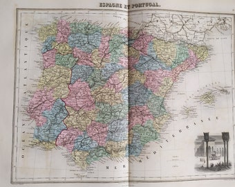 Antique Map Of Spain and Portugal By Migeon (1881)