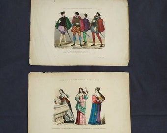 Set of 3 Antique French  Hand Coloured costume  Engravings, 1880s French Coloured Prints, French decoration, Gift idea, Lot No. 2