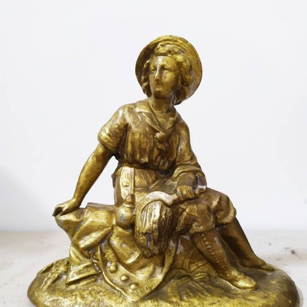 Antique French Metal Statue of a Farmhand  with a sycth, Mantle decor, bookend, lamp base, clock figurine