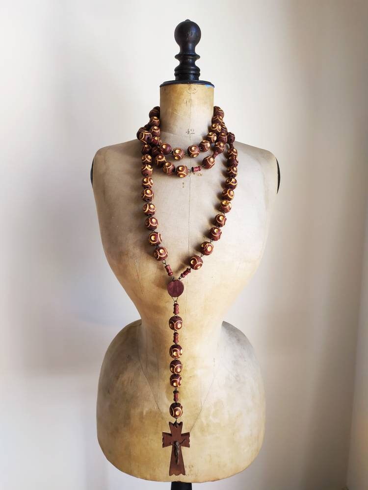 Rosaire de Pèlerinage en Bois Antique - Notre Dame Lourdes Souvenir