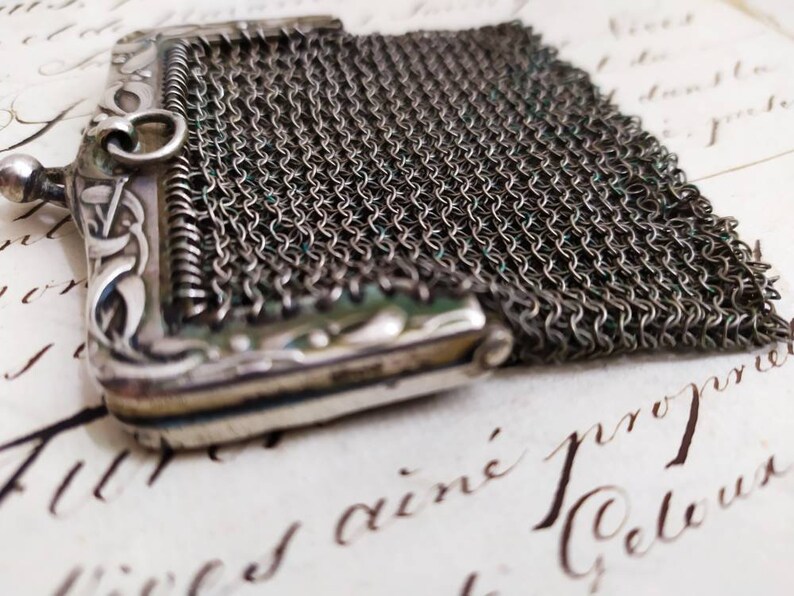 Antique 1900s French Solid Silver Mesh Purse Silver Purse Chatelaine Coin Purse