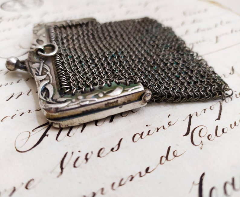 Antique 1900s French Solid Silver Mesh Purse Silver Purse Chatelaine Coin Purse