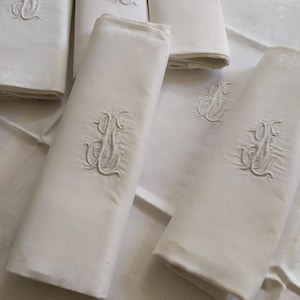 Antique French Damask Linen Napkins (Set of 6) - Floral Monogram