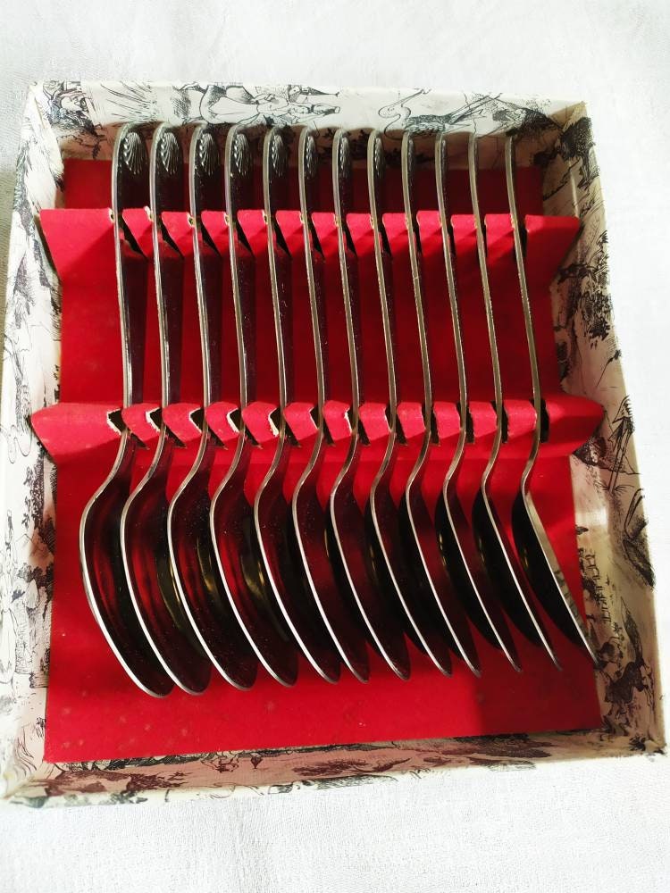 Lot de 12 Cuillères à Café Français Vintage en Toile Jouy Originale, Article Cadeau, Rétro Cadeau
