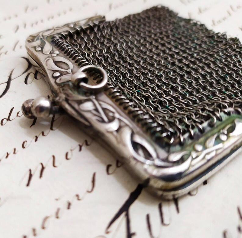 Antique 1900s French Solid Silver Mesh Purse Silver Purse Chatelaine Coin Purse