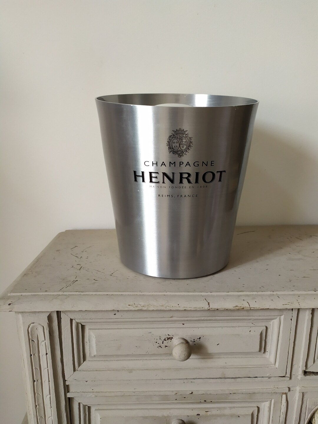 Chic Vintage French Henriot Champagne Ice Bucket, Tabletop, and