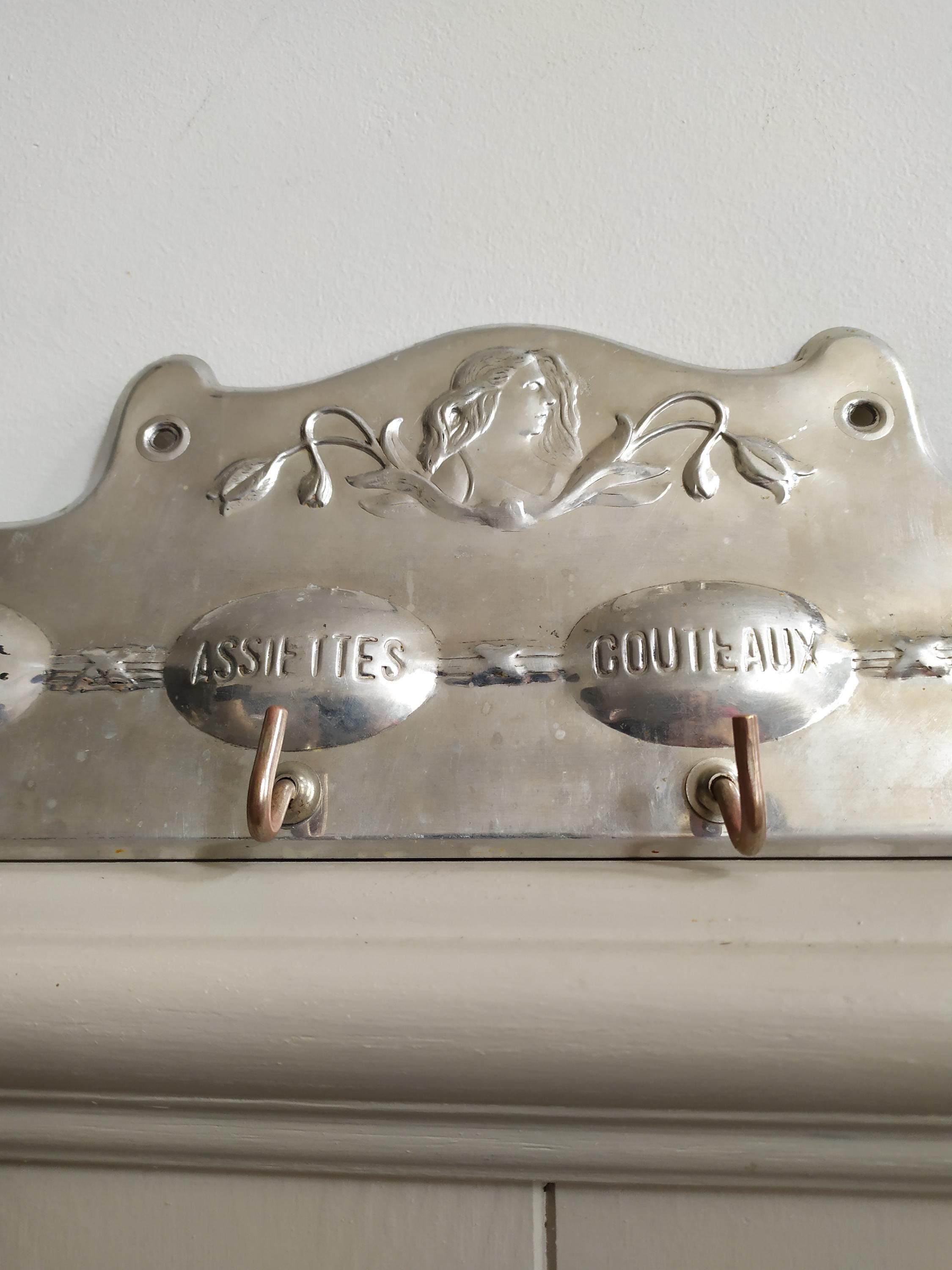Vintage French Art Nouveau Aluminum Kitchen Towel Rack with Hooks