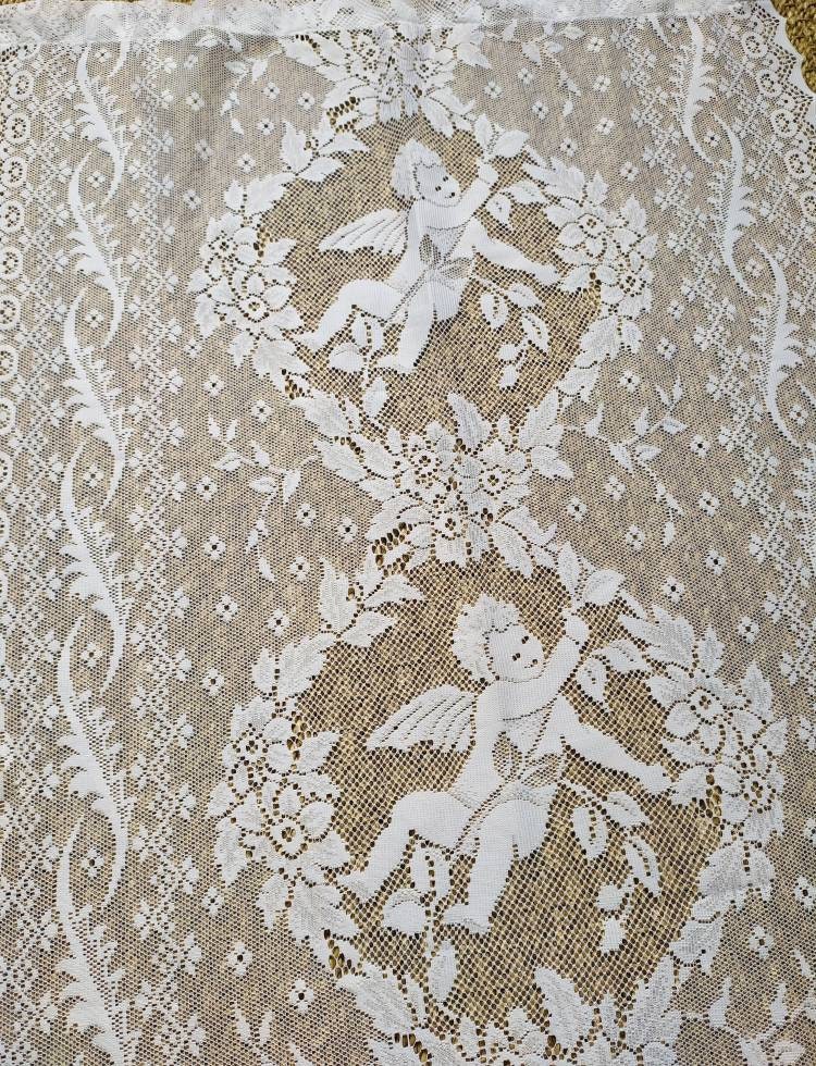 Paire de Panneaux Rideaux Dentelle Vintage Français avec Des Détails d'anges et Fleurs, Un Décor Rom