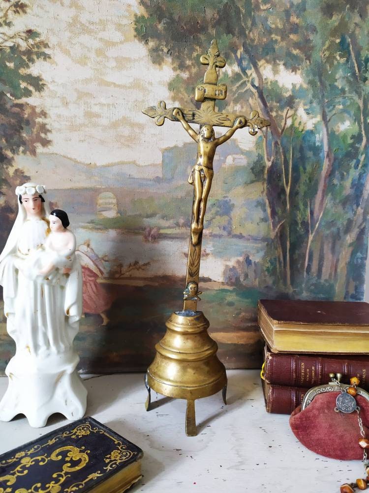 Français Antique Bronze Autel Crucifix Debout - Années 1700 11In.tall Français Croix Catholique Reli