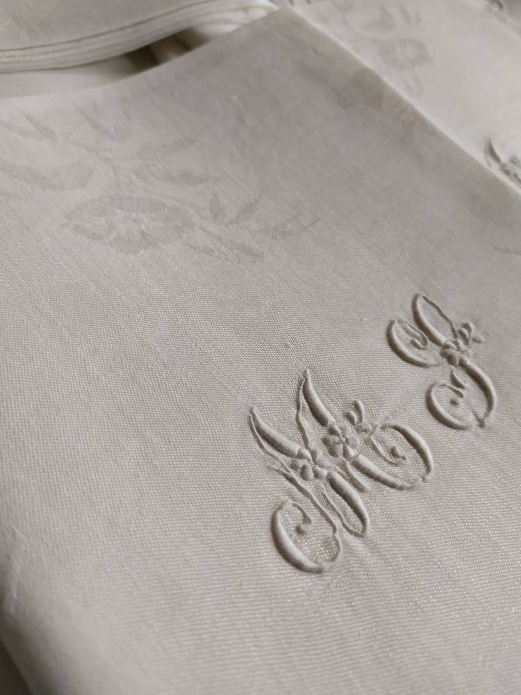 Ensemble de 12 Superbes Serviettes en Lin Damassé Antiques Grande Français, Design Floral Monogram M