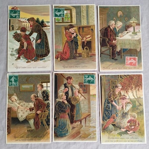 Raro set di 6 cartoline antiche francesi in rilievo, cartoline di auguri religiosi, preghiere del Signore, regalo religioso