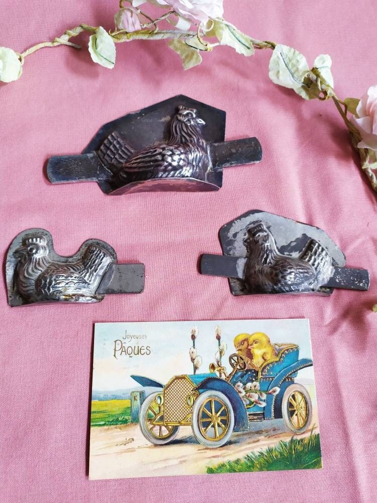 Lot de 3 Moules à Moitié Chocolat Poule ~ Moules Français en Métal Cadeau Collection, Décoration Pâq